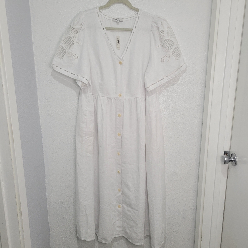 Madewell Cassie Button-Front Midi Dress in Embroidered Linen NWT S NQ631 White - Picture 5 of 10